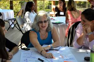 KJ explaining something at WC table CA Women's leadership